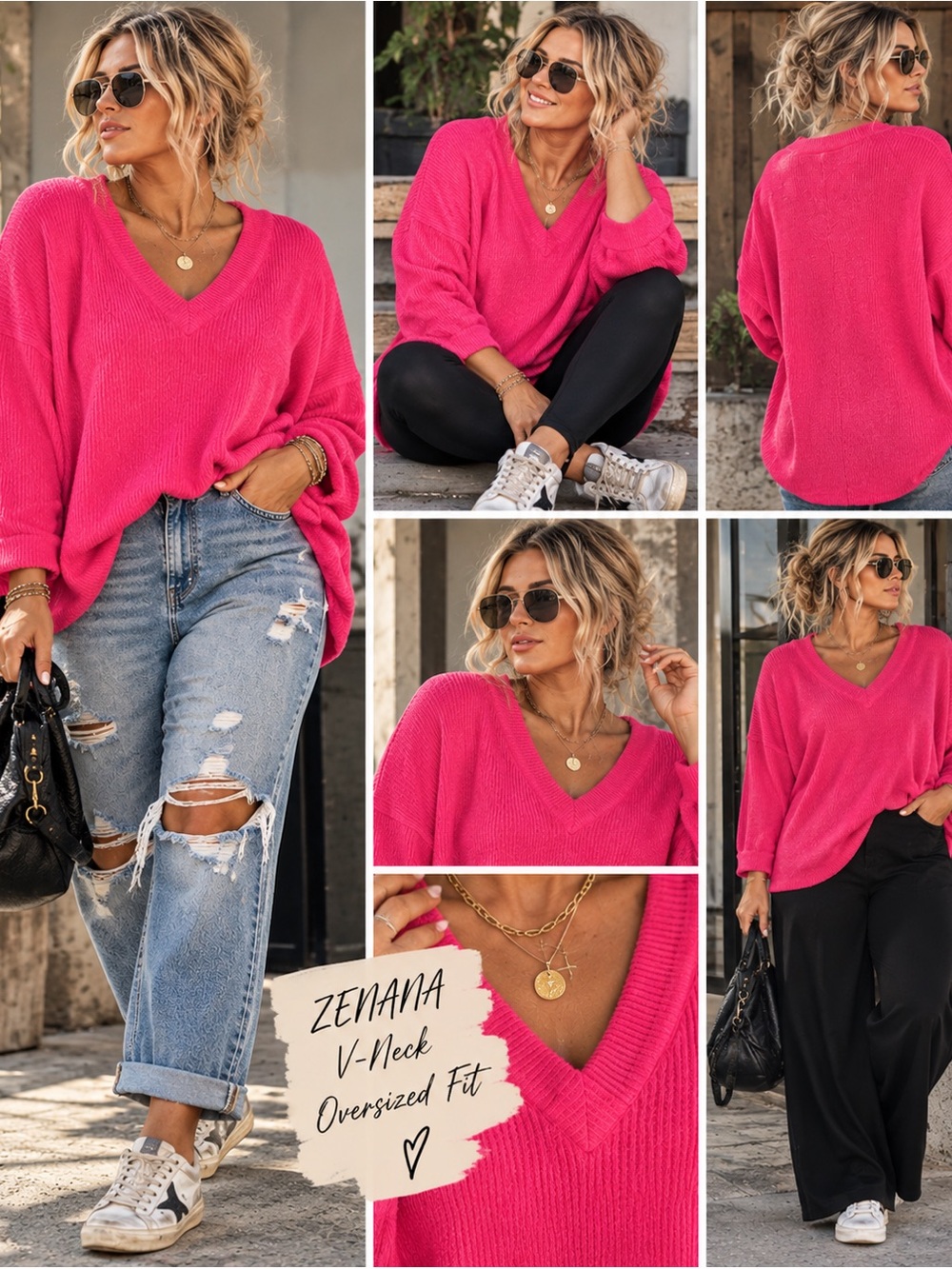 Zenana Outfitters V-Neck Oversized Sweater - Hot Pink